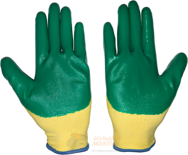 Перчатки желтые, зеленая обливка XINGYU №10 /10 /720